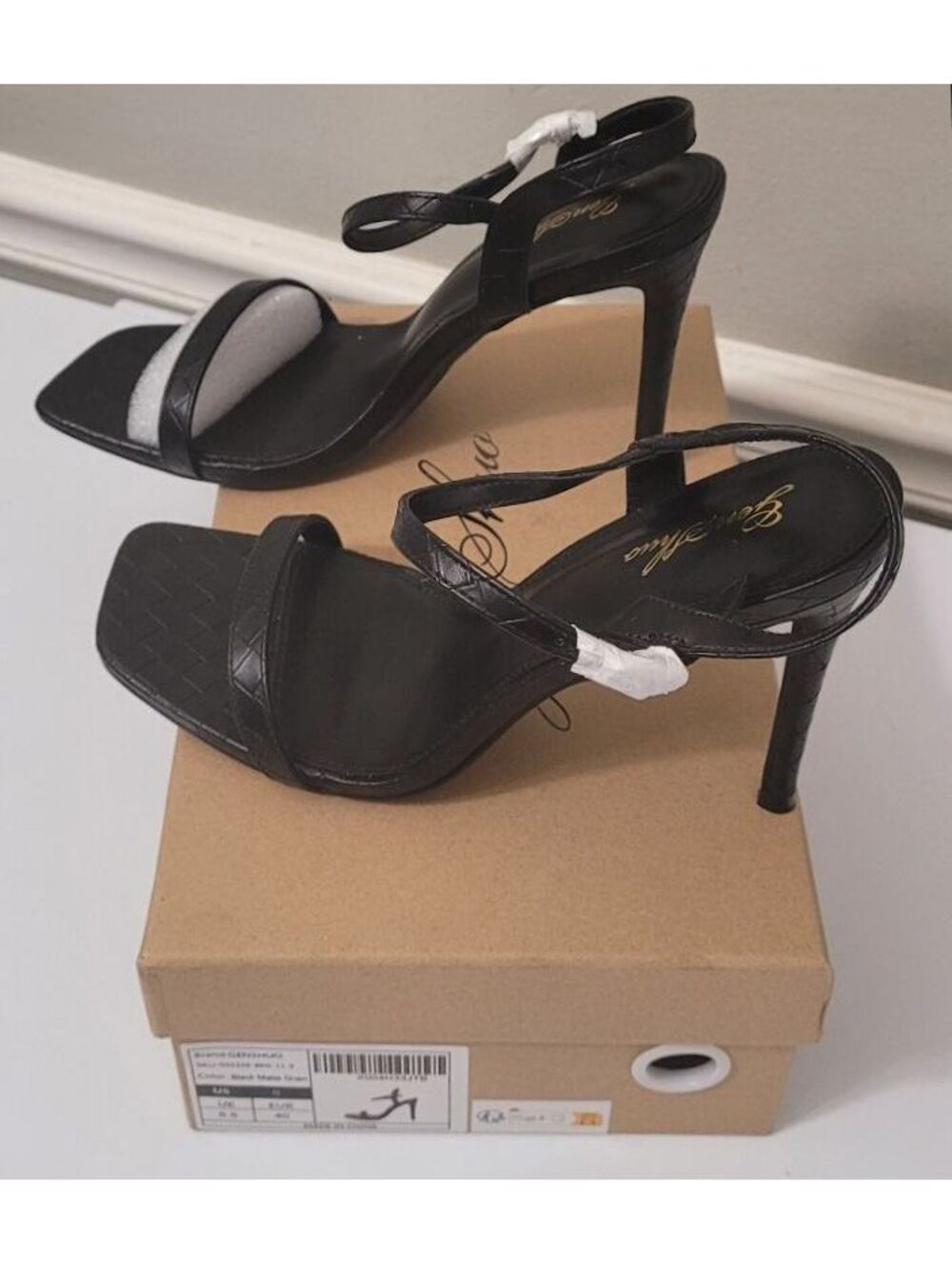 GENSHUO Black Matte Grain High Heel Stilettos Sandals Women's Shoes Size 9